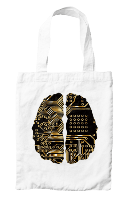 Сумка з принтом "Мозок Айті". Айті, айтішник, гик, знання, золотий, золото, інженер, кібер, кібернетика, кіборг, код, комп, кристал, мікросхема, мозок, програміст, професіонал, професія, розробник, розум, чіп. 2070702