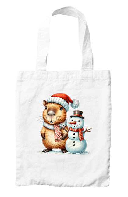 Bag with prints Capybara and Snowman. Animal, capybara, christmas, christmas capybara, gift, holiday, new year, new year`s gift, santa, snowman. 2070702