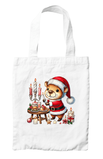 Bag with prints Capybara and Christmas Dinner. Animal, capybara, christmas, christmas capybara, christmas dinner, gift, holiday, new year, new year`s gift, santa. 2070702