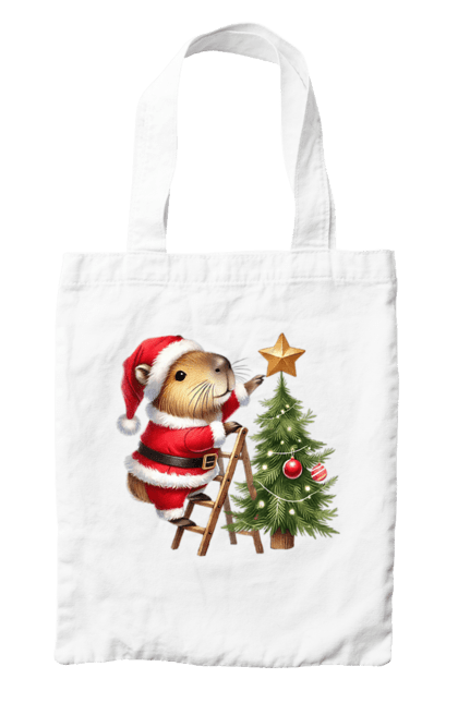 Bag with prints Christmas Capybara with a Tree. Animal, capybara, christmas, christmas capybara, christmas tree, gift, holiday, new year, new year`s gift, santa. 2070702