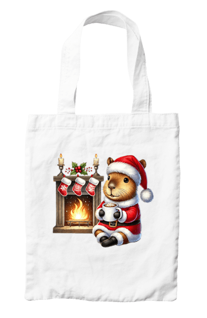 Bag with prints Capybara by the fireplace with hot chocolate. Animal, capybara, christmas, christmas capybara, fireplace, gift, holiday, hot chocolate, new year, santa. 2070702