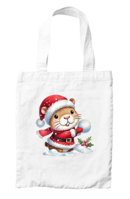 Bag with prints Capybara playing snowballs. Animal, capybara, christmas, christmas capybara, game, gift, holiday, new year, santa, snowballs. 2070702