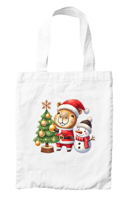 Bag with prints Christmas Capybara with a Tree. Animal, capybara, christmas, christmas capybara, christmas tree, gift, holiday, new year, new year`s gift, santa. 2070702