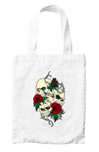 Bag with prints Skulls with roses. Bones, eyes, flowers, leaves, rose flower, roses, scull, spikes, teeth. 2070702