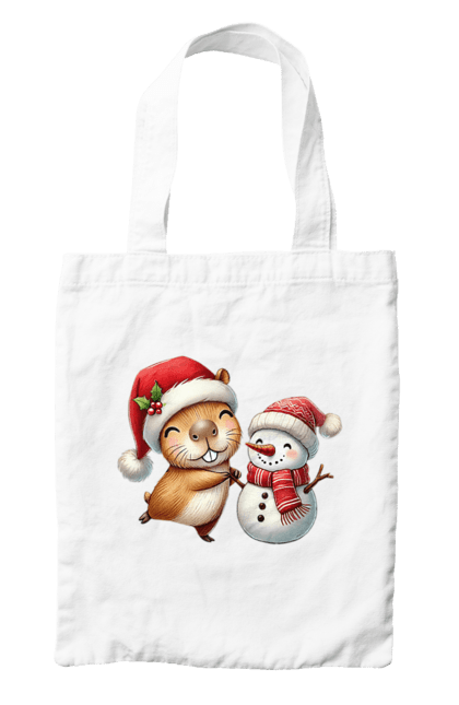 Bag with prints Capybara and Snowman. Animal, capybara, christmas, christmas capybara, gift, holiday, new year, new year`s gift, santa, snowman. 2070702