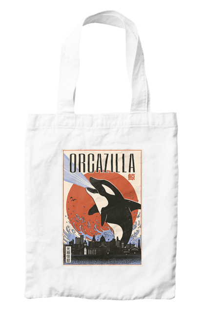 Bag with prints Orcazilla. Cartoon style design, graphic, japan print, japanese, japanese art, japanese poster, japanese poster orca, ocean wildlife, orca, orcazilla. 2070702