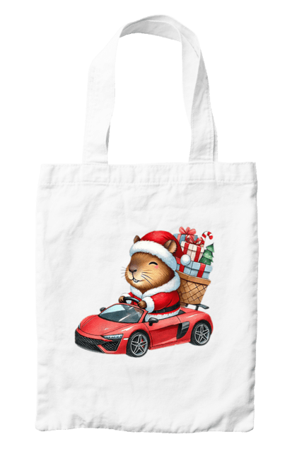 Bag with prints Christmas Capybara with a Gift. Animal, capybara, car, christmas, christmas capybara, gift, holiday, new year, new year`s gift, santa. 2070702