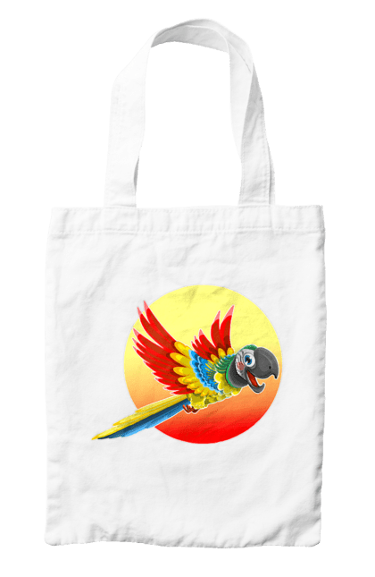 Bag with prints Parrot On The Sun. Bird, circle, color, disk, feathers, flies, flight, happy, heat, hot, in flight, macaw, multicolored, orange, parrot, recreation, red, summer, sun, sunny, tropics, vacation, warmly, wings, yellow. 2070702