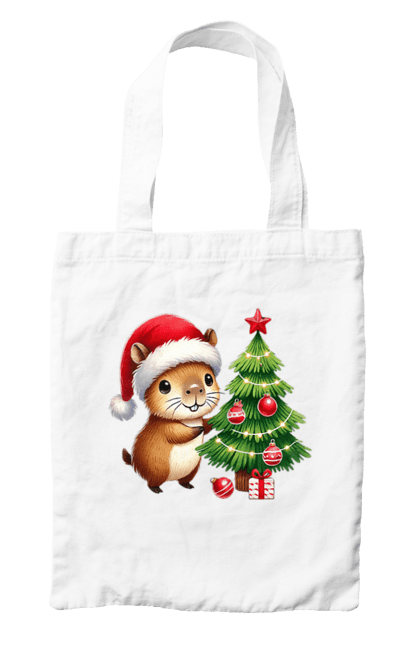 Bag with prints Christmas Capybara with a Tree. Animal, capybara, christmas, christmas capybara, christmas tree, gift, holiday, new year, new year`s gift, santa. 2070702