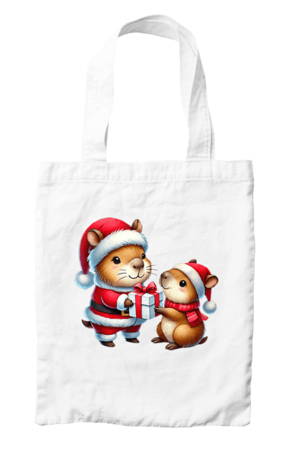 Bag with prints Christmas Capybara with a Gift. Animal, capybara, christmas, christmas capybara, gift, holiday, new year, new year`s gift, santa. 2070702