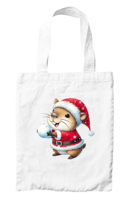 Bag with prints Capybara playing snowballs. Animal, capybara, christmas, christmas capybara, game, gift, holiday, new year, santa, snowballs. 2070702