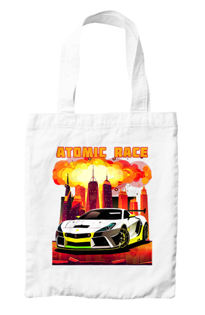 Bag with prints Atomic race. Atomic race, automobile, car, race, racing cars, sport car, sports car. 2070702