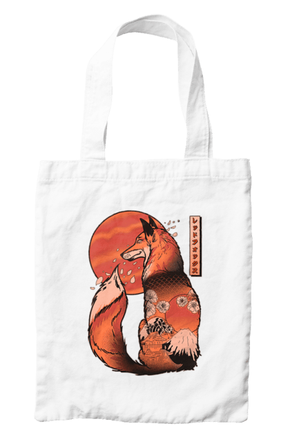 Bag with prints Kitsune. Animal, cherry blossoms, flowers, fox, great wave, japan, japanese, kitsune, mount fuji, red fox. 2070702