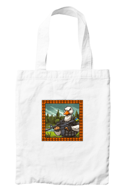 Bag with prints Goose landing. Armed forces, biological weapons, fighting geese, flag, goose landing, military goose, symbolics, ukraine. 2070702
