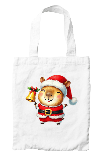 Bag with prints Funny capybara with a bell. Animal, bell, capybara, christmas, christmas capybara, gift, holiday, new year, new year`s gift, santa. 2070702