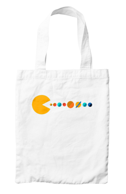 Сумка з принтом "Pac Man Planets". Atari, namco, pac man, аркадна відеогра, відеогра, комп`ютерна гра, космос, лабіринт, планети, сонячна система. 2070702