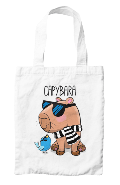 Bag with prints Stylish Capybara. Animal, bird, capybara, fashionable capybara, glasses, mood, striped scarf, stylish capybara, sunglasses. 2070702