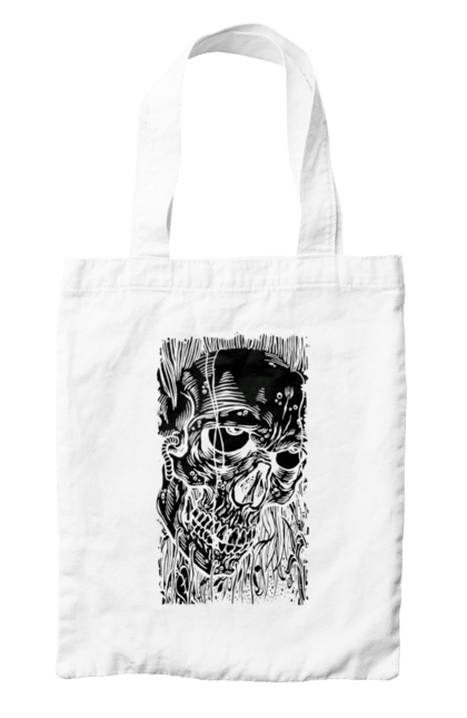 Bag with prints Skull. Black and white, bones, eyes, scull, teeth, worms. 2070702