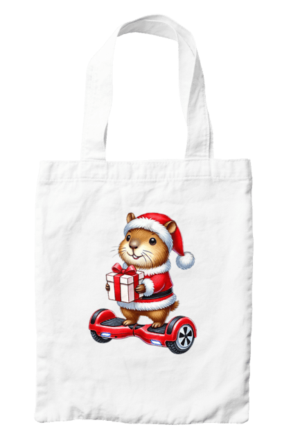 Bag with prints Christmas Capybara with a Gift. Animal, capybara, christmas, christmas capybara, gift, holiday, new year, new year`s gift, santa. 2070702