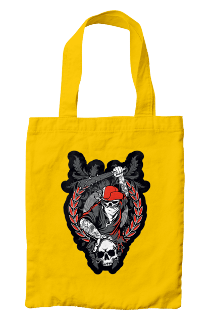 Bag with prints Skeleton with a bat. Bit, bones, cap, gang, nails, scull, skeleton, tattoo, teeth. 2070702