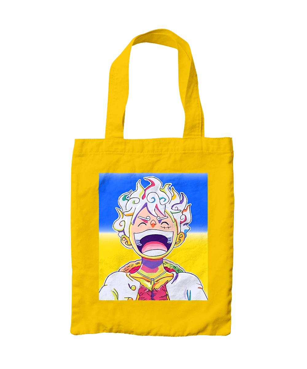 Monkey D Luffy laughing on a yellow blue background