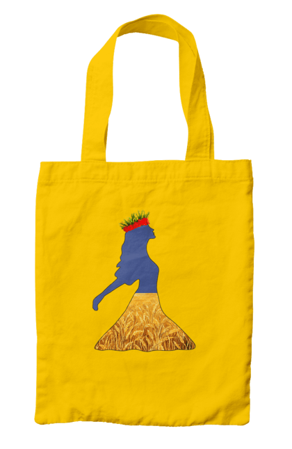 Bag with prints Ukraine. Girl, national colors, poppies, sky, wheat field, wreath, yellow blue. 2070702