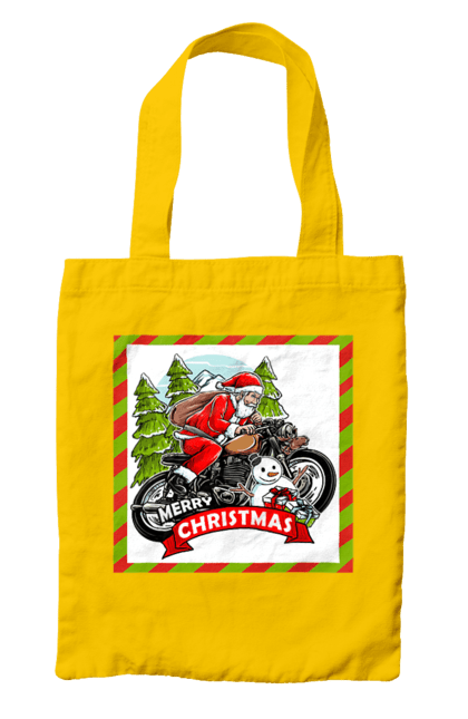 Bag with prints Santa on a motorcycle. Christmas, motorcycle, new year, presents, santa, snowman, tree. 2070702