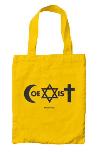 Сумка с принтом Coexist. Coexist, ислам, иудаизм, межрелигиозный диалог, равенство, религия, символы веры, толерантность, христианство. 2070702