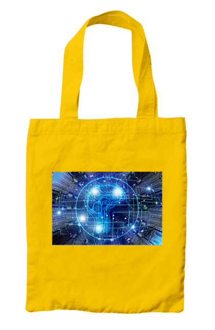 Сумка з принтом "Штучний інтелект". Айті, айтішник, гік, знання, інженер, інтелект, кібер, кібернетика, кіборг, код, комп, комп`ютерник, кристал, машинне навчання, мікросхема, мозок, портрет, програміст, професіонал, професія, розробник, розум, хакер, чіп, штучний інтелект, штучний розум. 2070702