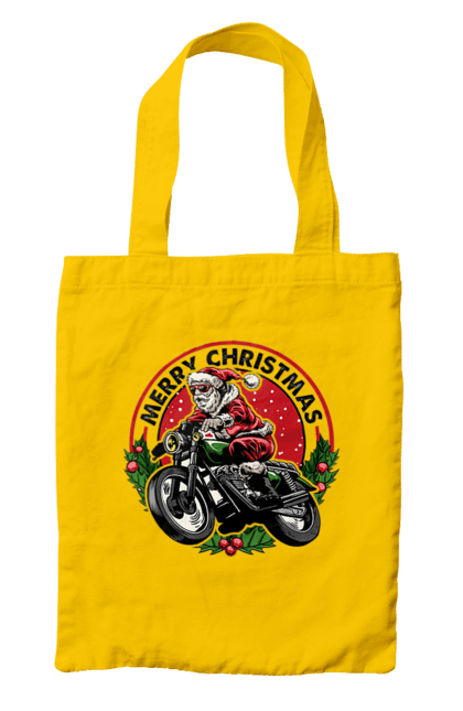 Сумка з принтом "Щасливого Різдва, дід мороз на мотоциклі". 2022, дід мороз, зима, мотоцикл, новий рік, подарунки, різдво, санта, сніг. 2070702