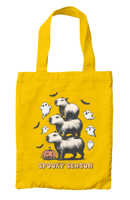 Bag with prints Capybara Halloween. Animal, capybara, ghost, halloween, holiday, moon, pumpkin, rodent. 2070702