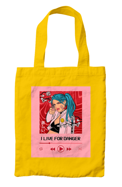 Bag with prints I Live For Danger. Anime, music, pistol, turntable. 2070702