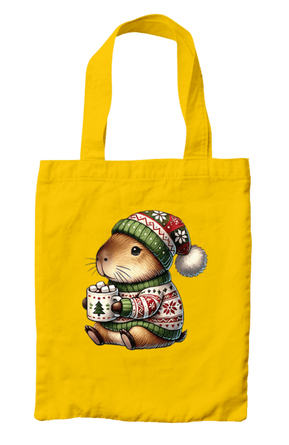 Bag with prints Capybara with hot chocolate. Animal, capybara, christmas, christmas capybara, gift, holiday, hot chocolate, new year, santa. 2070702