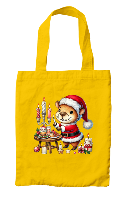 Bag with prints Capybara and Christmas Dinner. Animal, capybara, christmas, christmas capybara, christmas dinner, gift, holiday, new year, new year`s gift, santa. 2070702