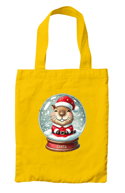 Bag with prints Capybara in a snow globe. Animal, capybara, christmas, christmas capybara, gift, holiday, new year, new year`s gift, santa, snow globe. 2070702