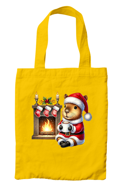 Bag with prints Capybara by the fireplace with hot chocolate. Animal, capybara, christmas, christmas capybara, fireplace, gift, holiday, hot chocolate, new year, santa. 2070702