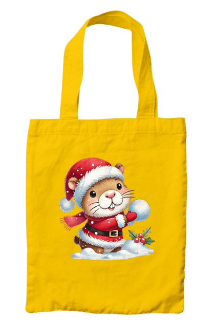 Bag with prints Capybara playing snowballs. Animal, capybara, christmas, christmas capybara, game, gift, holiday, new year, santa, snowballs. 2070702