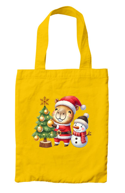 Bag with prints Christmas Capybara with a Tree. Animal, capybara, christmas, christmas capybara, christmas tree, gift, holiday, new year, new year`s gift, santa. 2070702