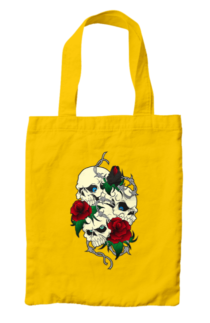 Bag with prints Skulls with roses. Bones, eyes, flowers, leaves, rose flower, roses, scull, spikes, teeth. 2070702