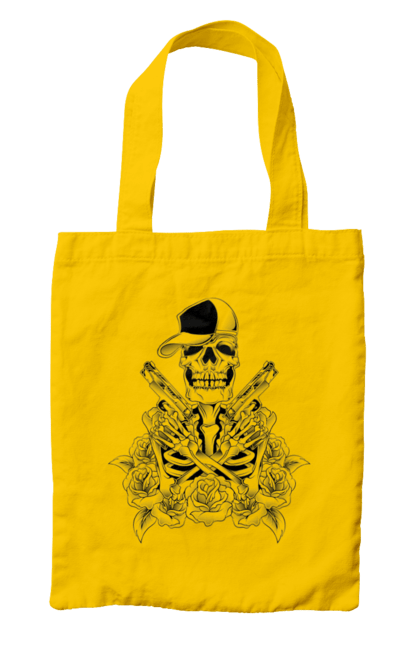 Bag with prints Skeleton with pistols. Black and white, bones, cap, gun, roses, scull, skeleton, teeth. 2070702