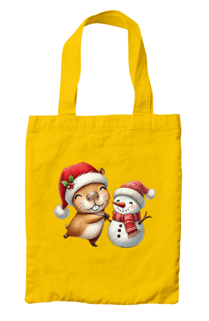 Bag with prints Capybara and Snowman. Animal, capybara, christmas, christmas capybara, gift, holiday, new year, new year`s gift, santa, snowman. 2070702