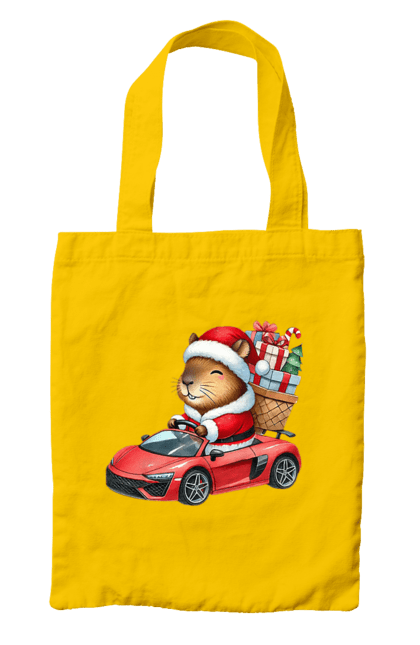 Bag with prints Christmas Capybara with a Gift. Animal, capybara, car, christmas, christmas capybara, gift, holiday, new year, new year`s gift, santa. 2070702