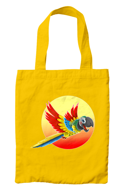 Сумка з принтом "Папуга На Тлі Сонця". Ара, веселий, відпочинок, відпустка, диск, жарко, жовтий, коло, кольоровий, крила, літає, літо, папуга, папужка, пір`я, політ, помаранчевий, птах, різнокольоровий, сонце, сонячно, спека, тепло, тропіки, у польоті, червоний. 2070702