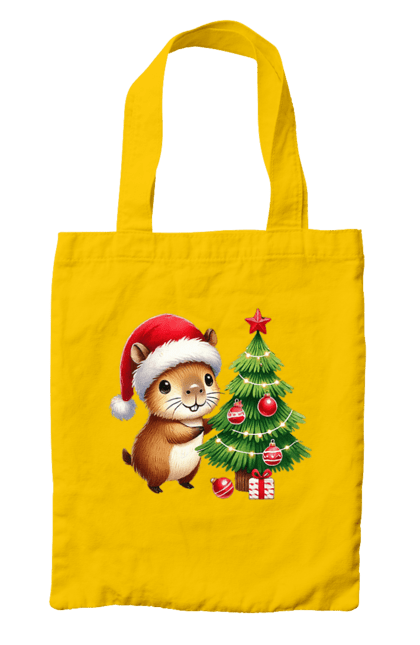 Bag with prints Christmas Capybara with a Tree. Animal, capybara, christmas, christmas capybara, christmas tree, gift, holiday, new year, new year`s gift, santa. 2070702