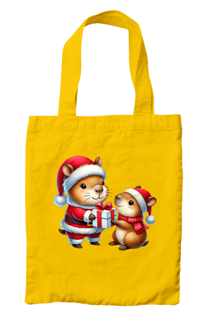 Bag with prints Christmas Capybara with a Gift. Animal, capybara, christmas, christmas capybara, gift, holiday, new year, new year`s gift, santa. 2070702