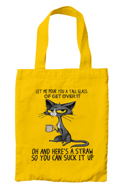 Сумка з принтом "Як це пережити?". Велика склянка, випий, все відмінно, йди нахуй, кіт і кухоль, налий, роздум, смоктати, як це подолати. 2070702
