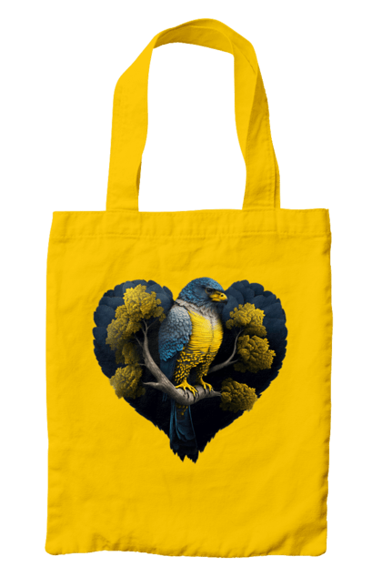Bag with prints Blue and yellow falcon. Falcon, flag of ukraine, heart, symbol of ukraine, tree, ukraine. 2070702