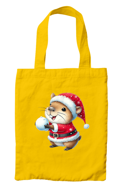 Bag with prints Capybara playing snowballs. Animal, capybara, christmas, christmas capybara, game, gift, holiday, new year, santa, snowballs. 2070702