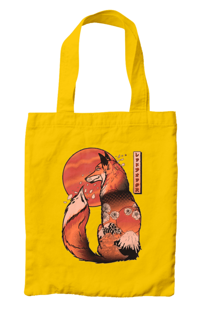 Bag with prints Kitsune. Animal, cherry blossoms, flowers, fox, great wave, japan, japanese, kitsune, mount fuji, red fox. 2070702