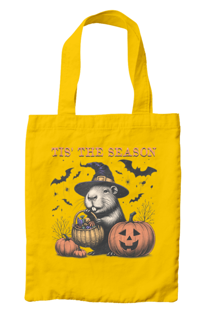 Bag with prints Capybara Halloween. Animal, capybara, ghost, halloween, holiday, moon, pumpkin, rodent, witch. 2070702